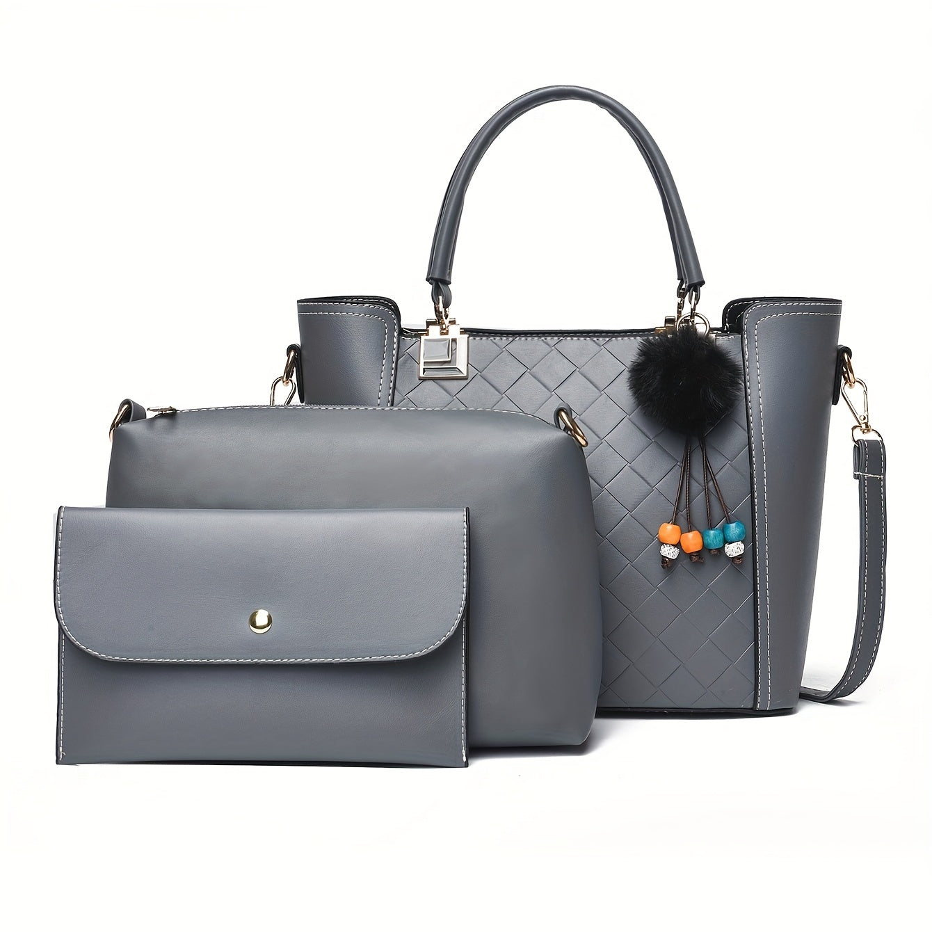 3pcs Tote Bag Inner Bag Clutch Purse Set PU Leather Textured Satchel Bag