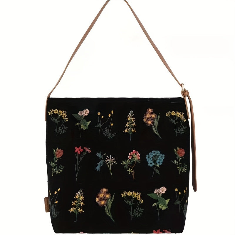 Vintage Flower Canvas Tote Bag Large Capacity Shoulder Bag