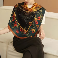 Vintage Flower Print Square Scarf Silk Shawl Casual Windproof Head Wrap Sunscree