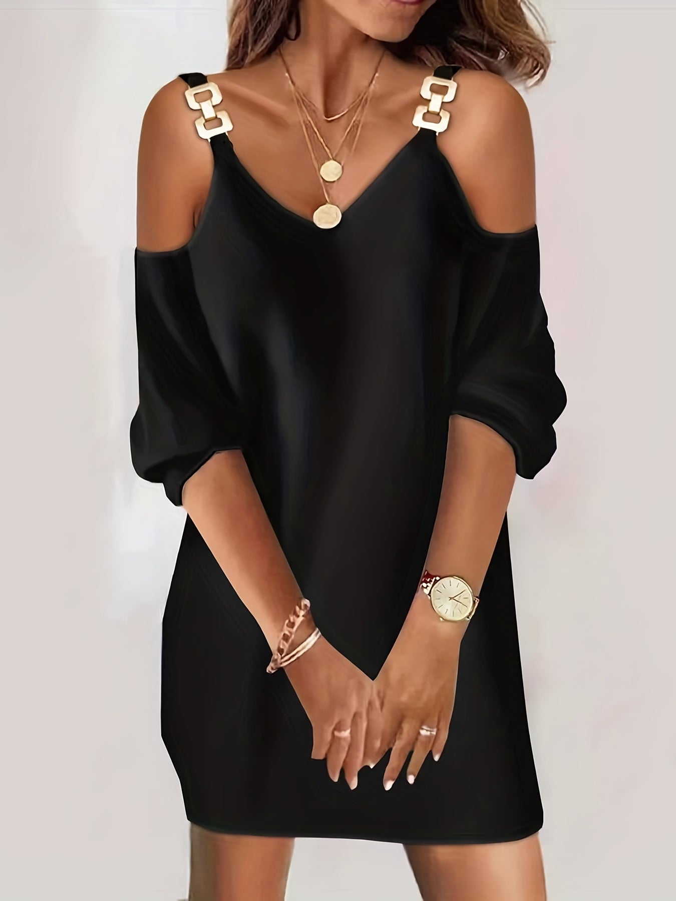 Casual Cold Shoulder V Neck Dress 3/4 Sleeve Solid