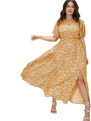  Boho Dress Floral Print Maxi Ruffle Sleeve Split