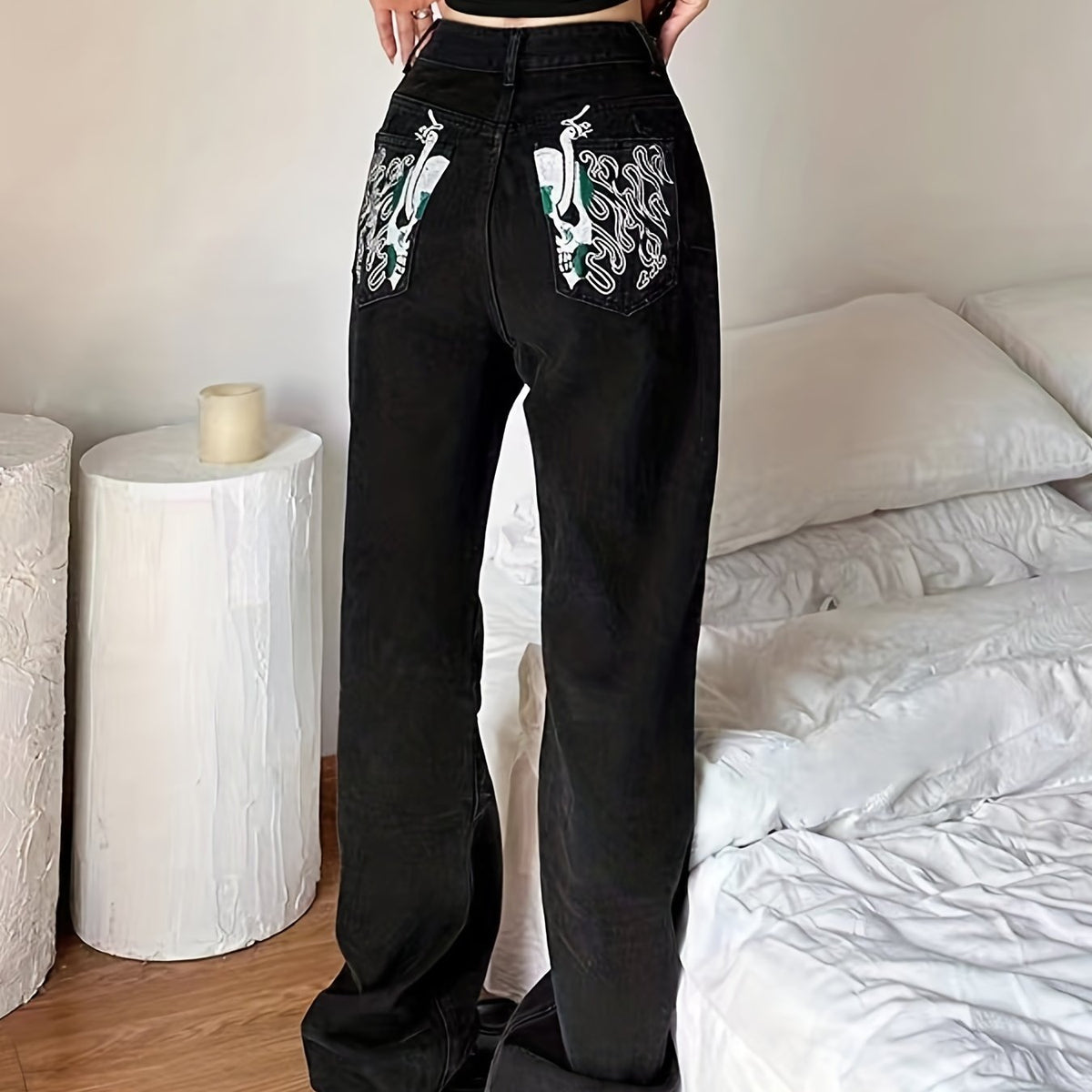 Skull Flame Embroidery Halloween Denim Pants