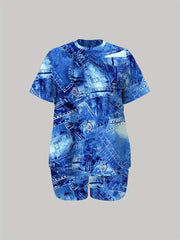 Plus Denim Print Short Sleeve Top & Shorts Set