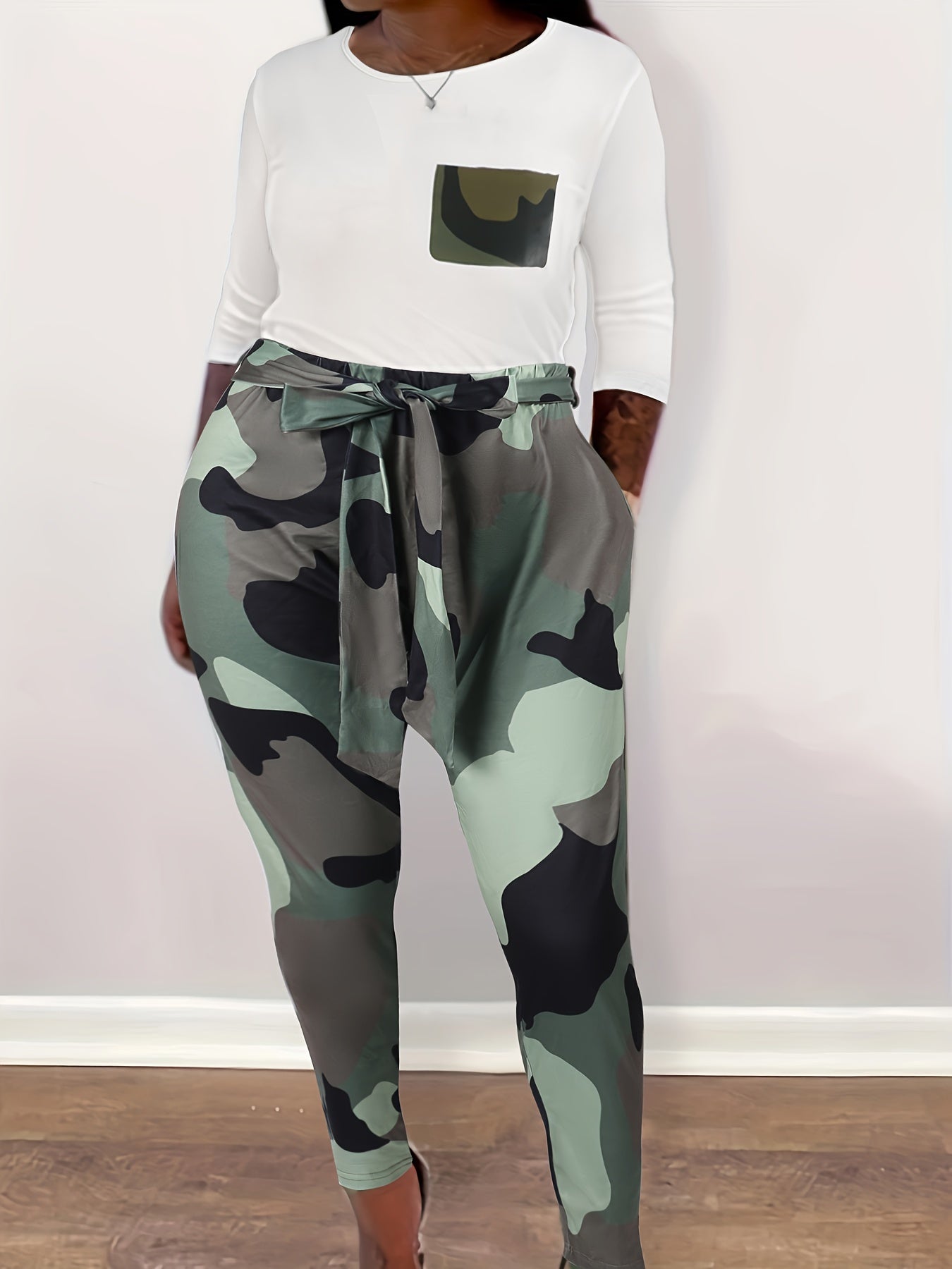  Colorblock Camo Print Top & Pants Set