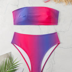  Ombre Print Bikini Set Tube Bra & High Waisted Panty Swimsuit