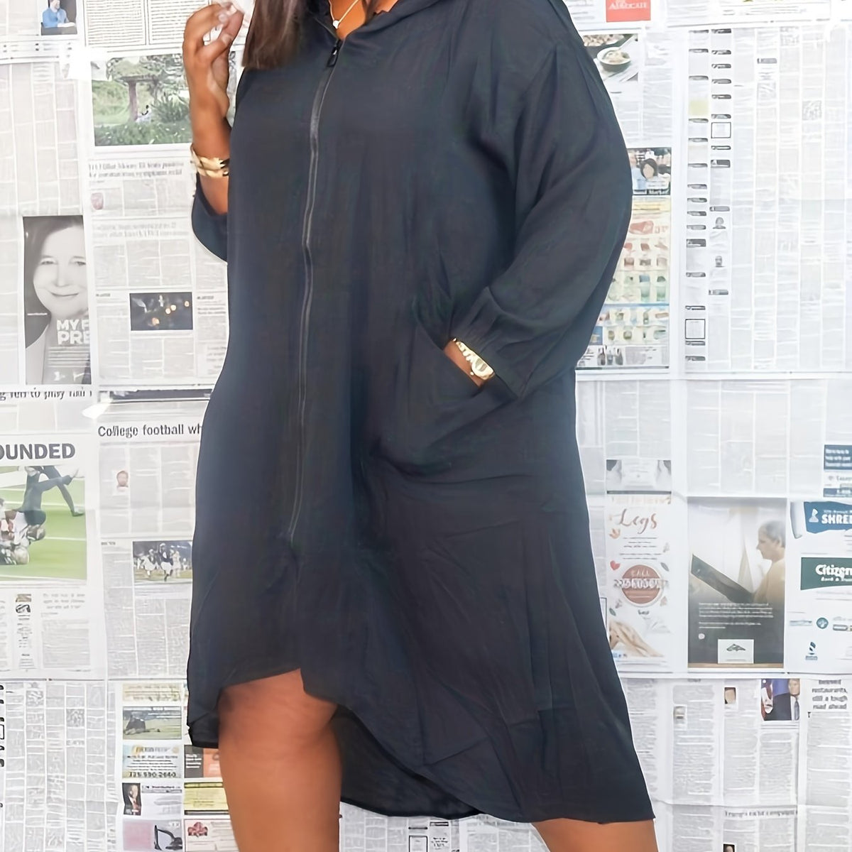  Solid Hooded Zipper Long Sleeve Dress With Pockets
