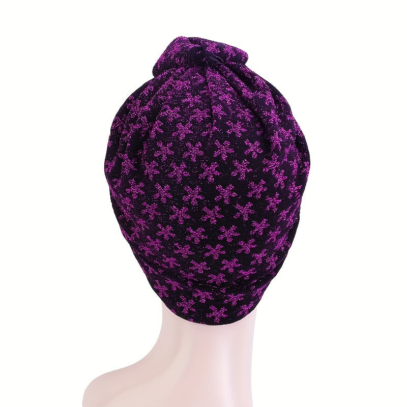 Glitter Flower Jacquard Turban Cap Solid Knotted Hijab Head Wraps