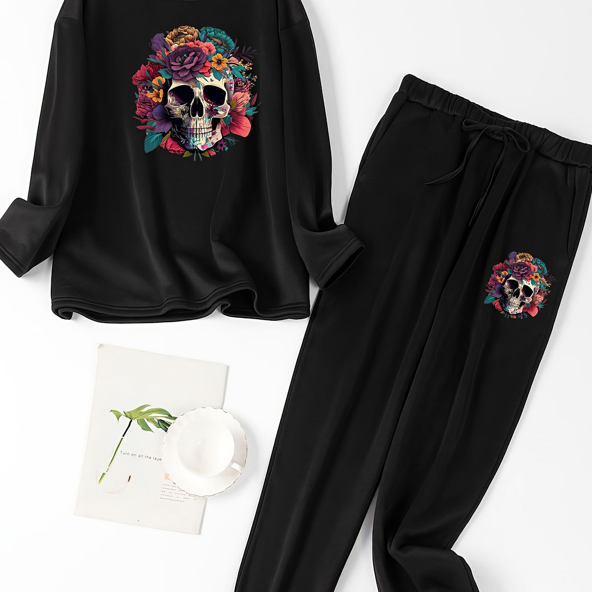  Gothic Lounge Set: Floral Skull Print Tee & Joggers Pajamas