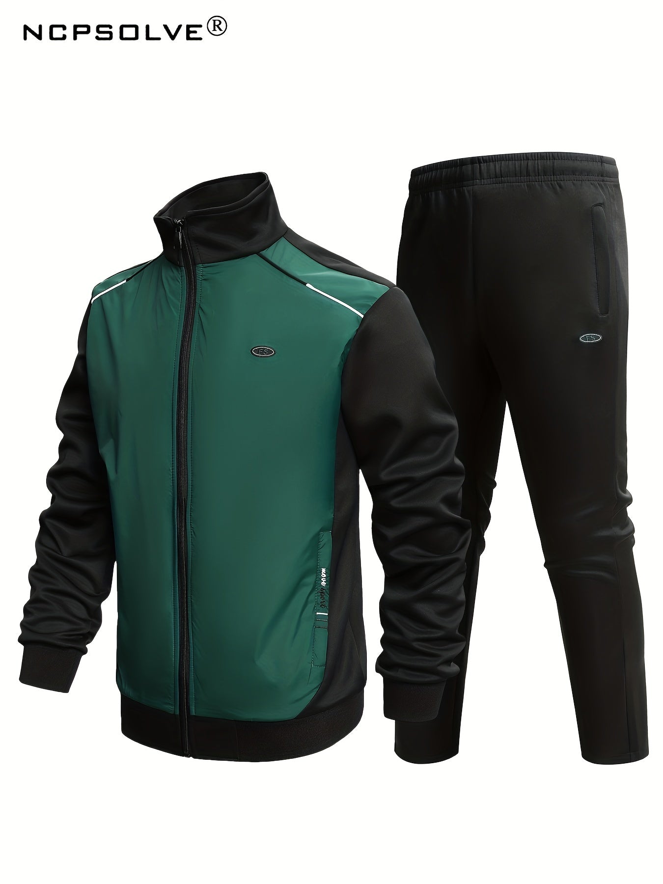 Men's Sports Suit Block Stand Collar Zip Up Jacket & Elastic Waist Pants