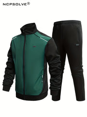 Men's Sports Suit Block Stand Collar Zip Up Jacket & Elastic Waist Pants