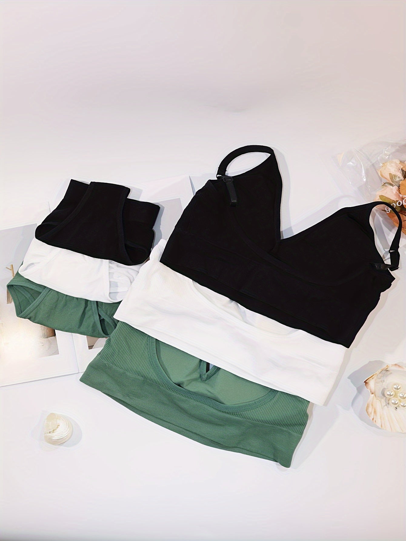 3 Sets Ribbed Bra & Panties Lingerie Set Women's Underwear