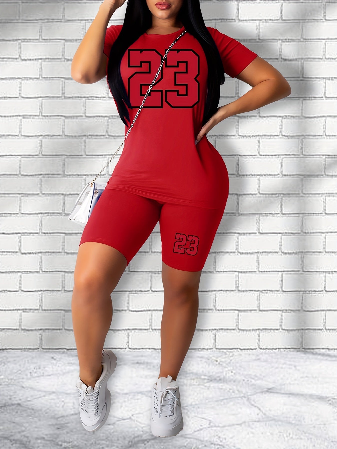 23 Number Print Two Piece Set Casual Short Sleeve T shirt & Skinny Shorts