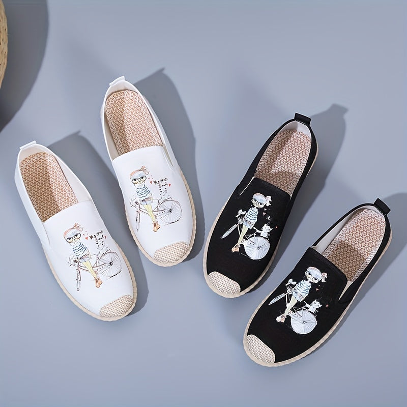 Women's Cartoon Print Flat Loafers Linen Slip On Canvas Shoes