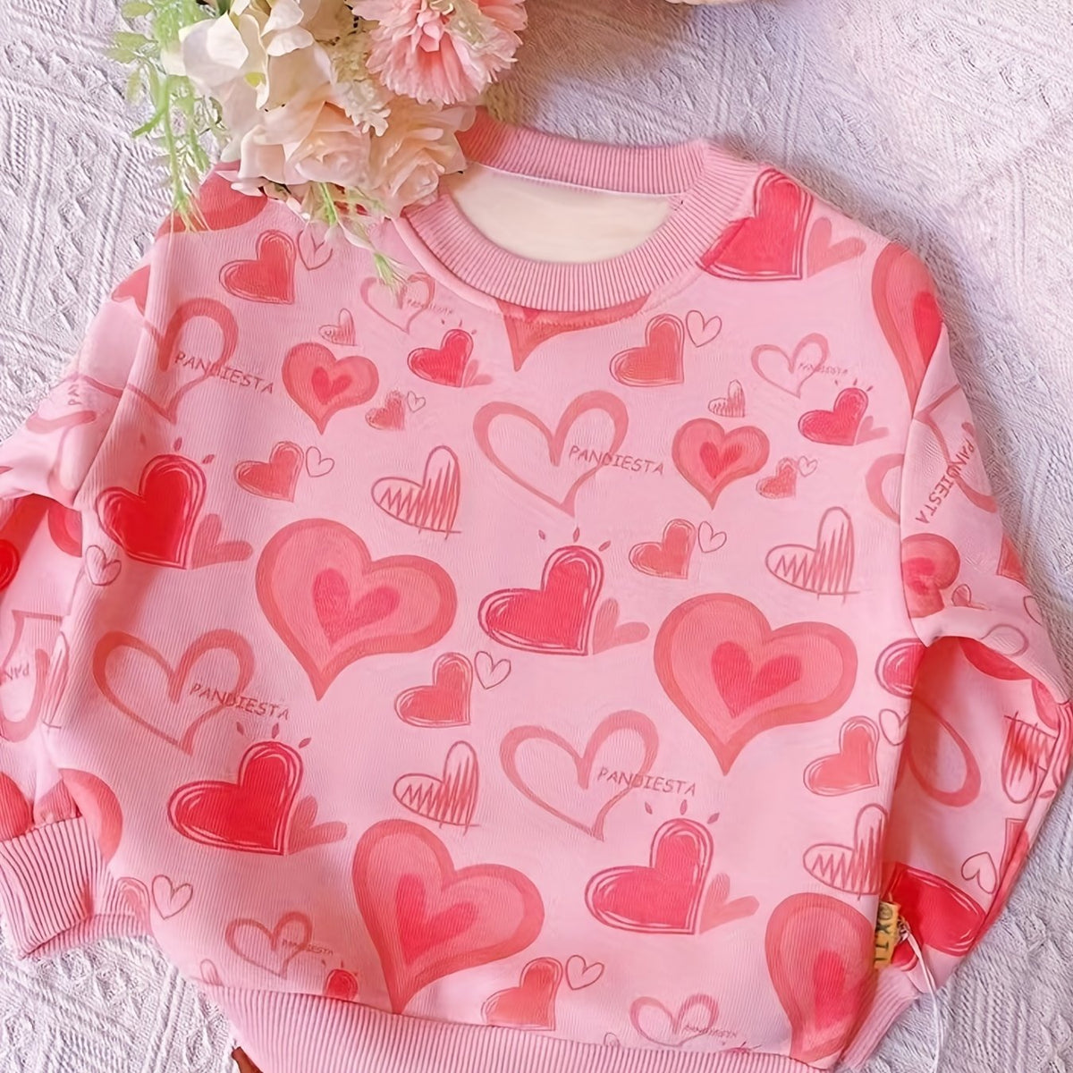 Girls Valentines Heart Print Crew Neck Sweatshirt Long Sleeve Pullover Top