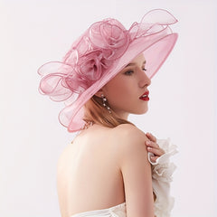 Wide Brim Organza Sun Hat Mesh Flower Breathable Derby Hat