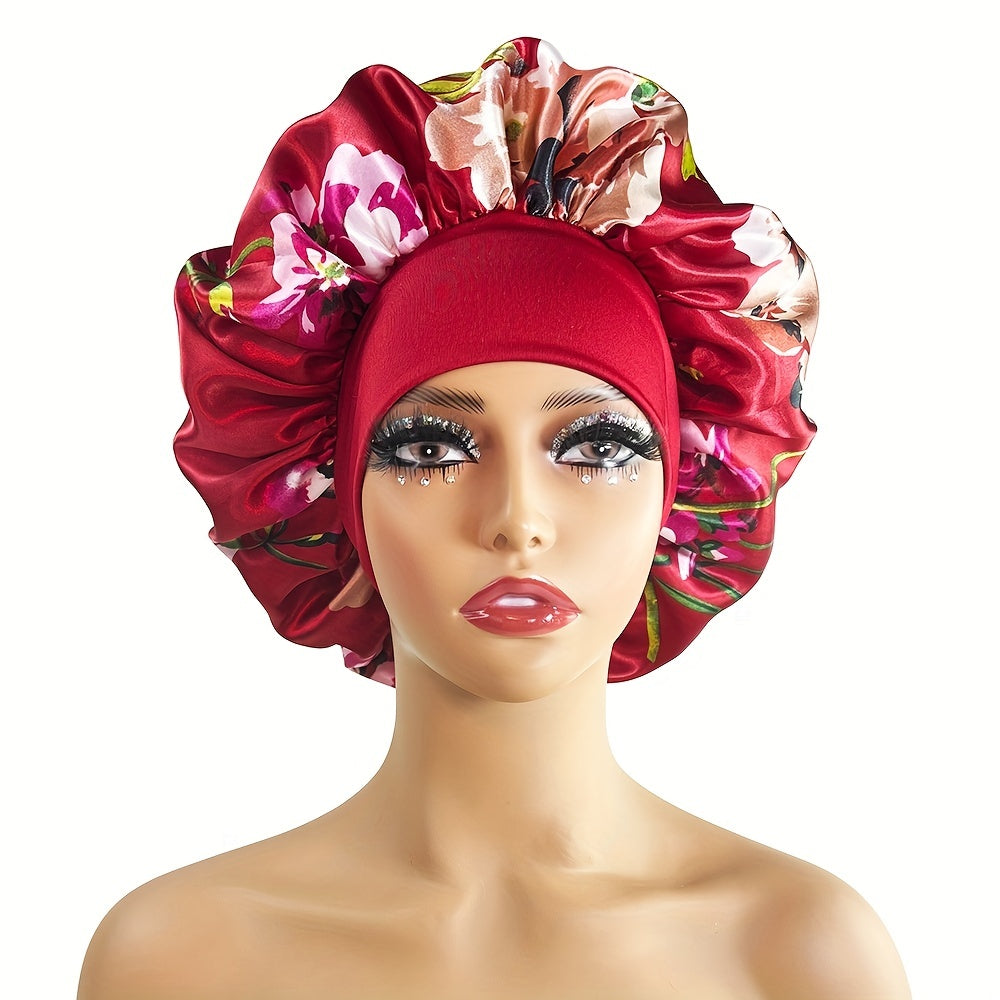 Flower Print Satin Bonnet Large Soft Elastic Sleeping Night Hat Silk Hair