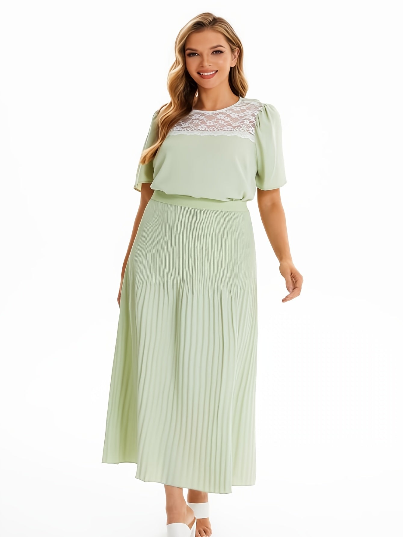  Lace Short Sleeve Tops & Pleated Maxi Skirt Set 2pcs Outfit