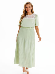  Lace Short Sleeve Tops & Pleated Maxi Skirt Set 2pcs Outfit