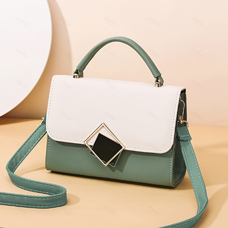 Two Tone Buckle Decor Flap Square Purse Shoulder Bag