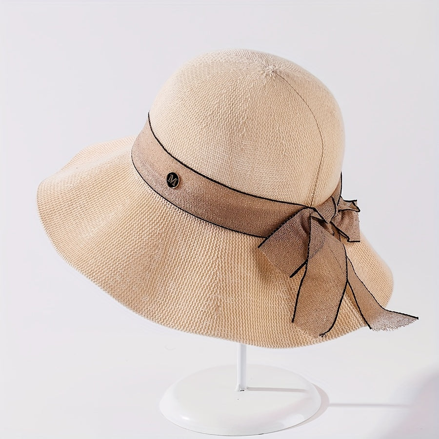 Ribbon Bowknot Ruffles Bucket Hat Wide Brim Summer Sun Hat