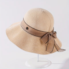 Ribbon Bowknot Ruffles Bucket Hat Wide Brim Summer Sun Hat