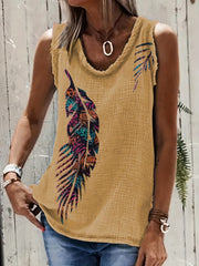 Western Feather Print Tank Top Sleeveless Crew Neck Casual Tops
