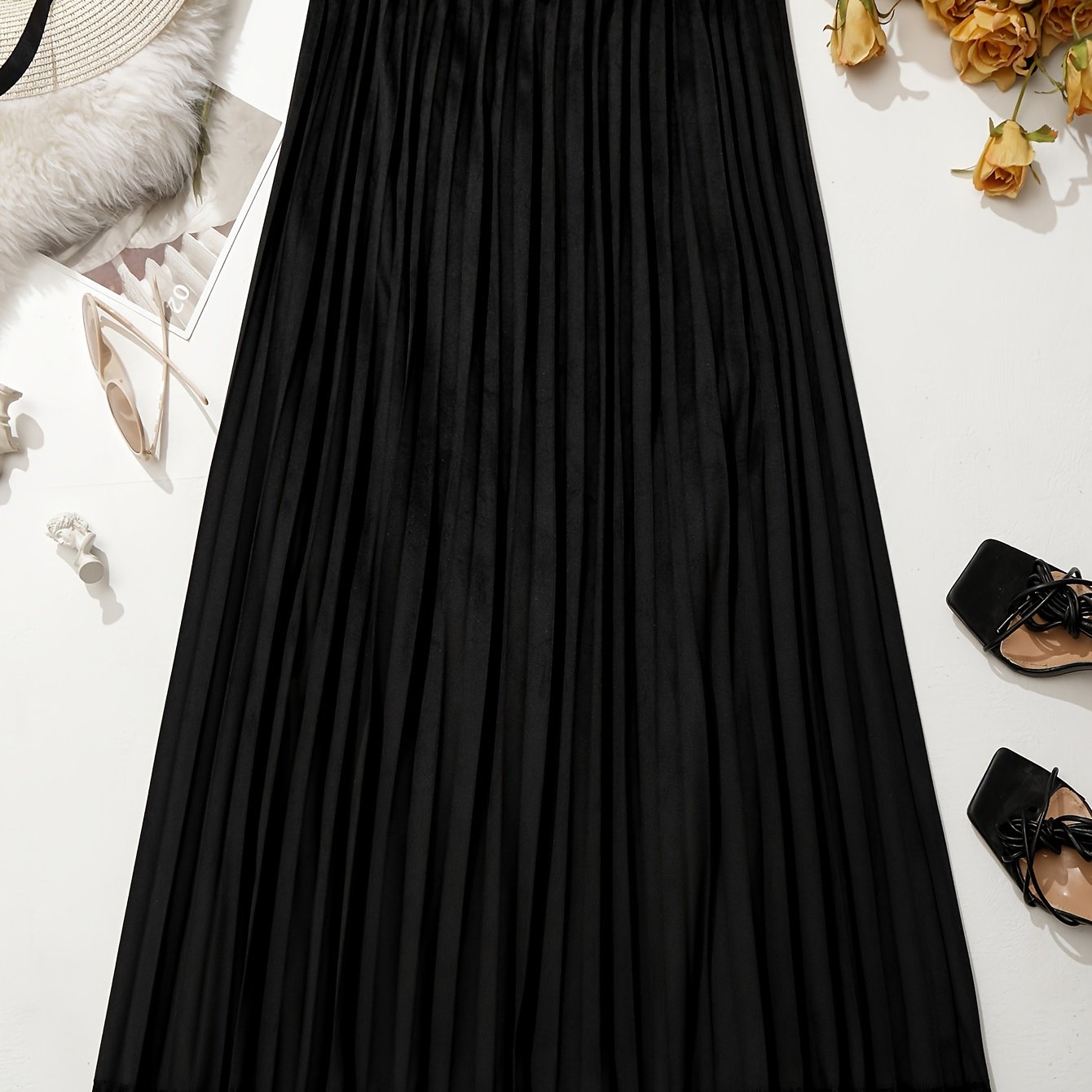  Lace Trim Maxi Skirt High Rise Elastic Waist