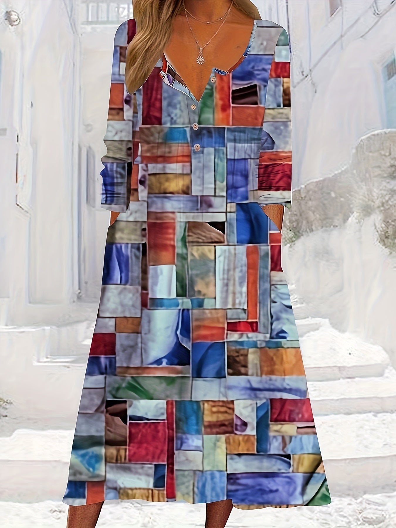  Patchwork Print Button Up V Neck Dress