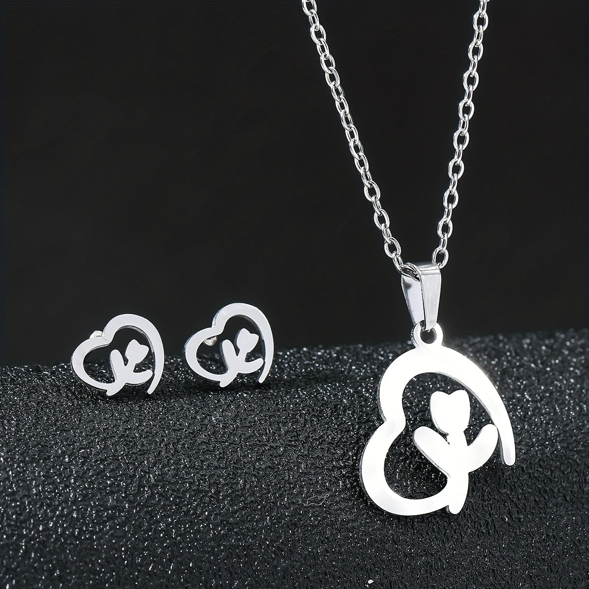 Stainless Steel Butterfly Flower Heart Stud Earrings & Necklace Set