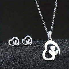 Stainless Steel Butterfly Flower Heart Stud Earrings & Necklace Set