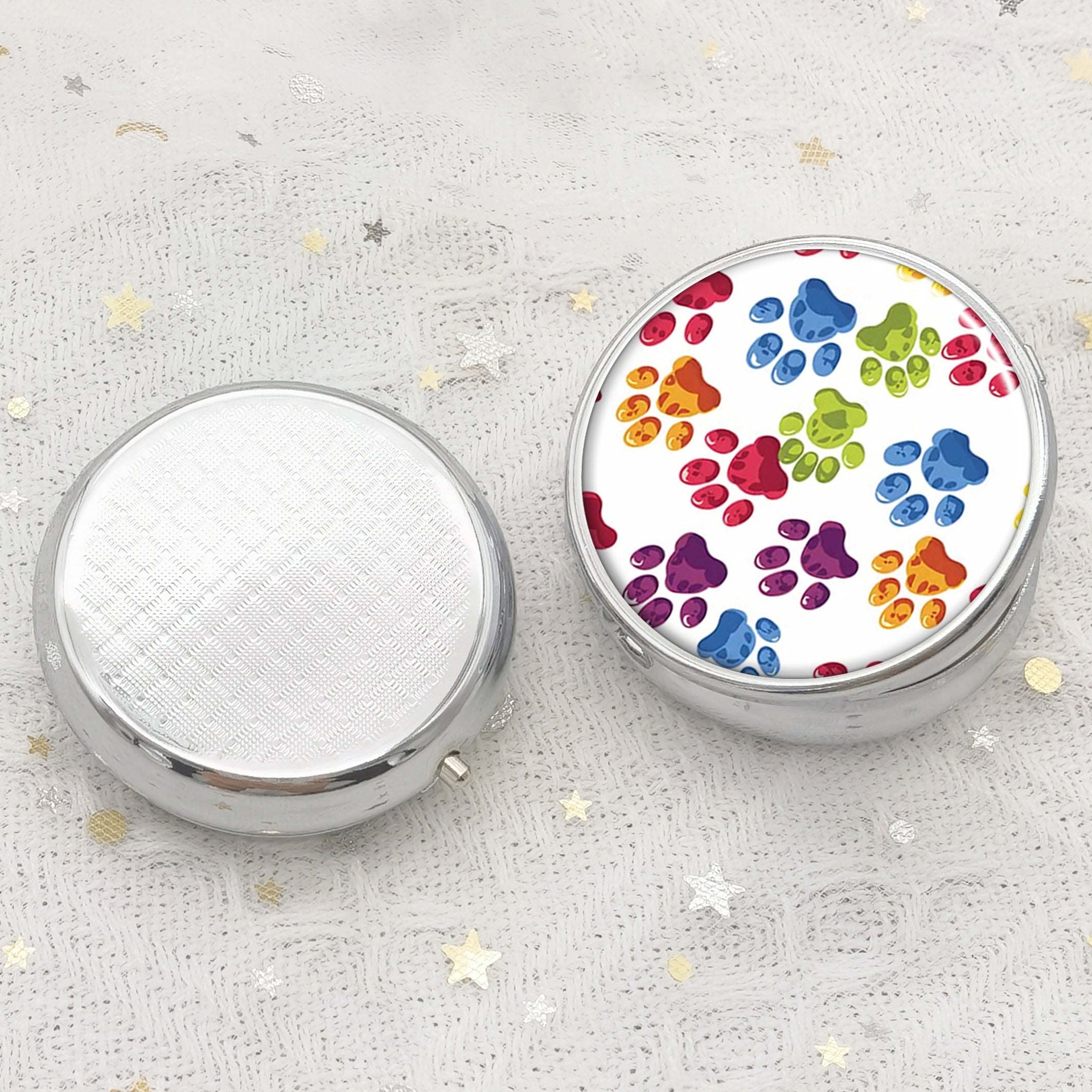 Colorful Dog Paw Print Round Pill Box Medicine Vitamin Organizer