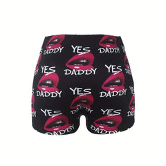  Sexy Shorts Women's 3D Red Lip Print High Rise Skinny Shorts