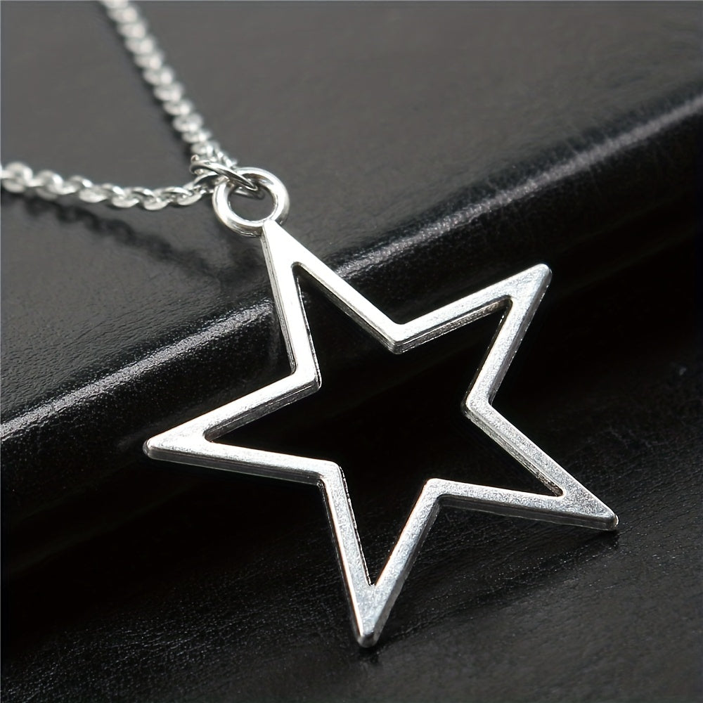 Silver Big Star Pendant Necklace 36x33mm Hollow Pentagram Geometric Chain