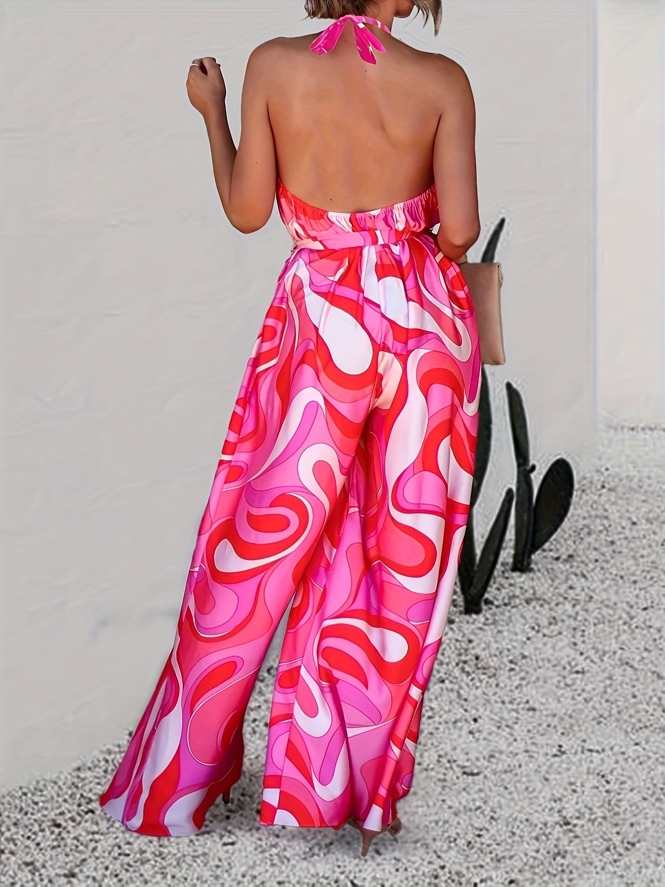 Boho Allover Print Backless Jumpsuit Halter Neck Wide Leg