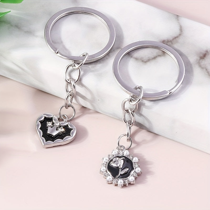 Rose Heart Keychain Rhinestone & Faux Pearl Key Ring Purse Bag Car