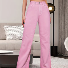 Pink High Waist Wide Leg Jeans Solid Denim Pants