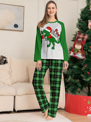 Dino Print Pajama Set Christmas Long Sleeve Crew Neck Top & Elastic Waistban