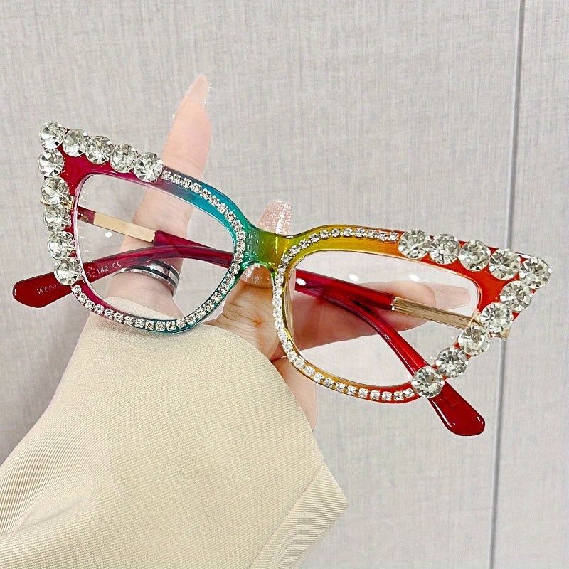 Cat Eye Clear Lens Glasses For Women Rhinestone Decor UV400