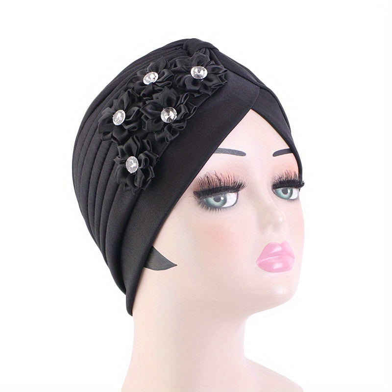 Rhinestone Flower Turban Cap Boho Elastic Head Wrap Beanie Head Scarf