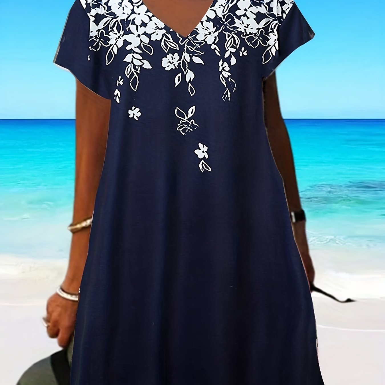  Dress Women's Plus Floral Print V Neck Knee Length Dress