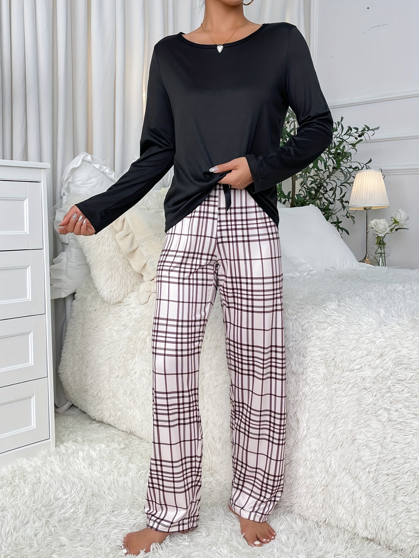 Plaid Print Pajama Set Long Sleeve Top & Pants Women's Sleepwear