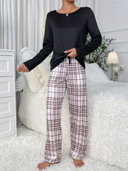 Plaid Print Pajama Set Long Sleeve Top & Pants Women's Sleepwear