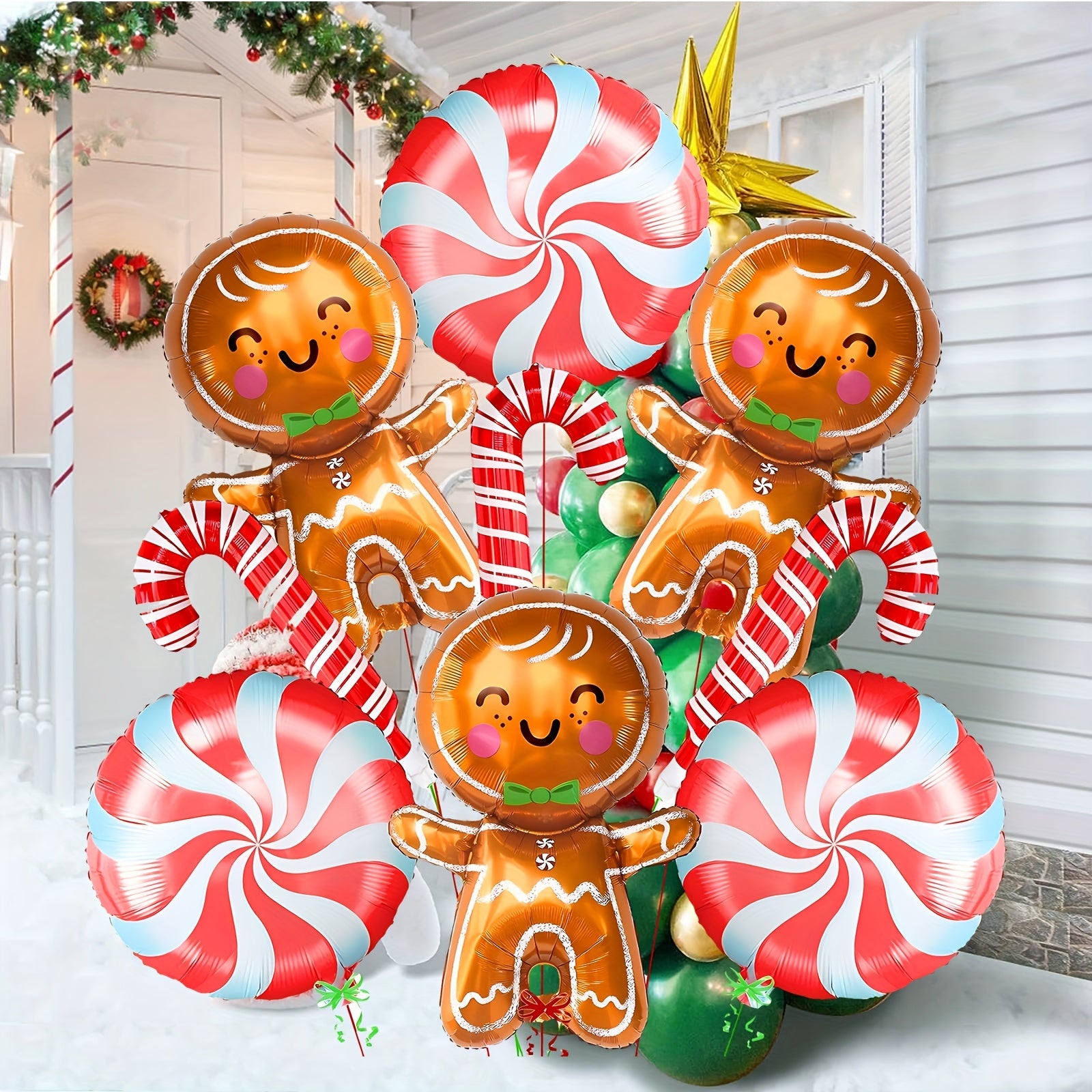 Red Gingerbread Person Crutches Round Sugar Balls Balloons Christmas Decorations