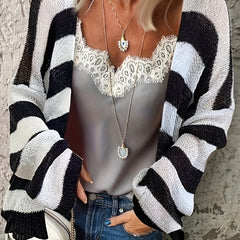  Stripe Print Drop Shoulder Cardigan
