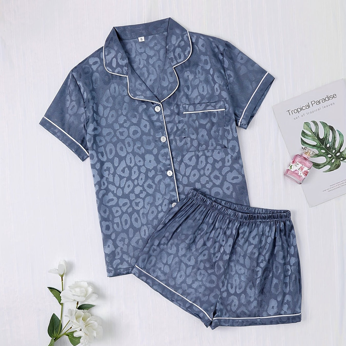 Leopard Print Pajamas Set Short Sleeve Top & Shorts