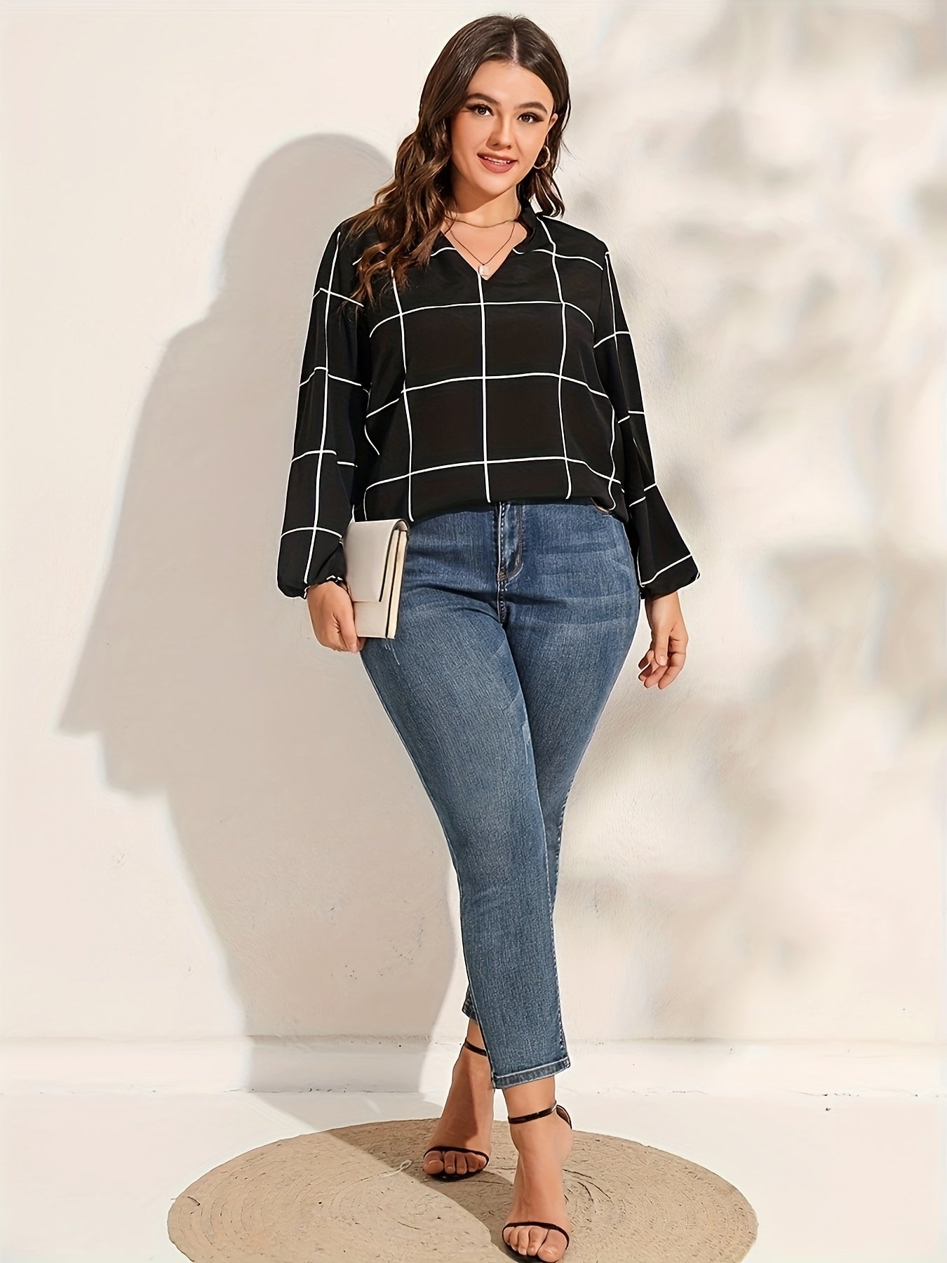  Casual Blouse Women's Plus Grid Print Notched Neck Tunic Top