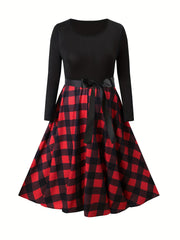  Colorblock Graphic Print Round Neck Belted Dress