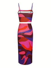 Abstract Print Two piece Set Sleeveless Cropped Cami Top & High Waist Maxi Skirt
