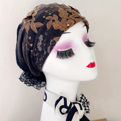 Lace Flower Embroidery Turban Cap Mesh Breathable Ruffle Head Wrap Elastic Hijab