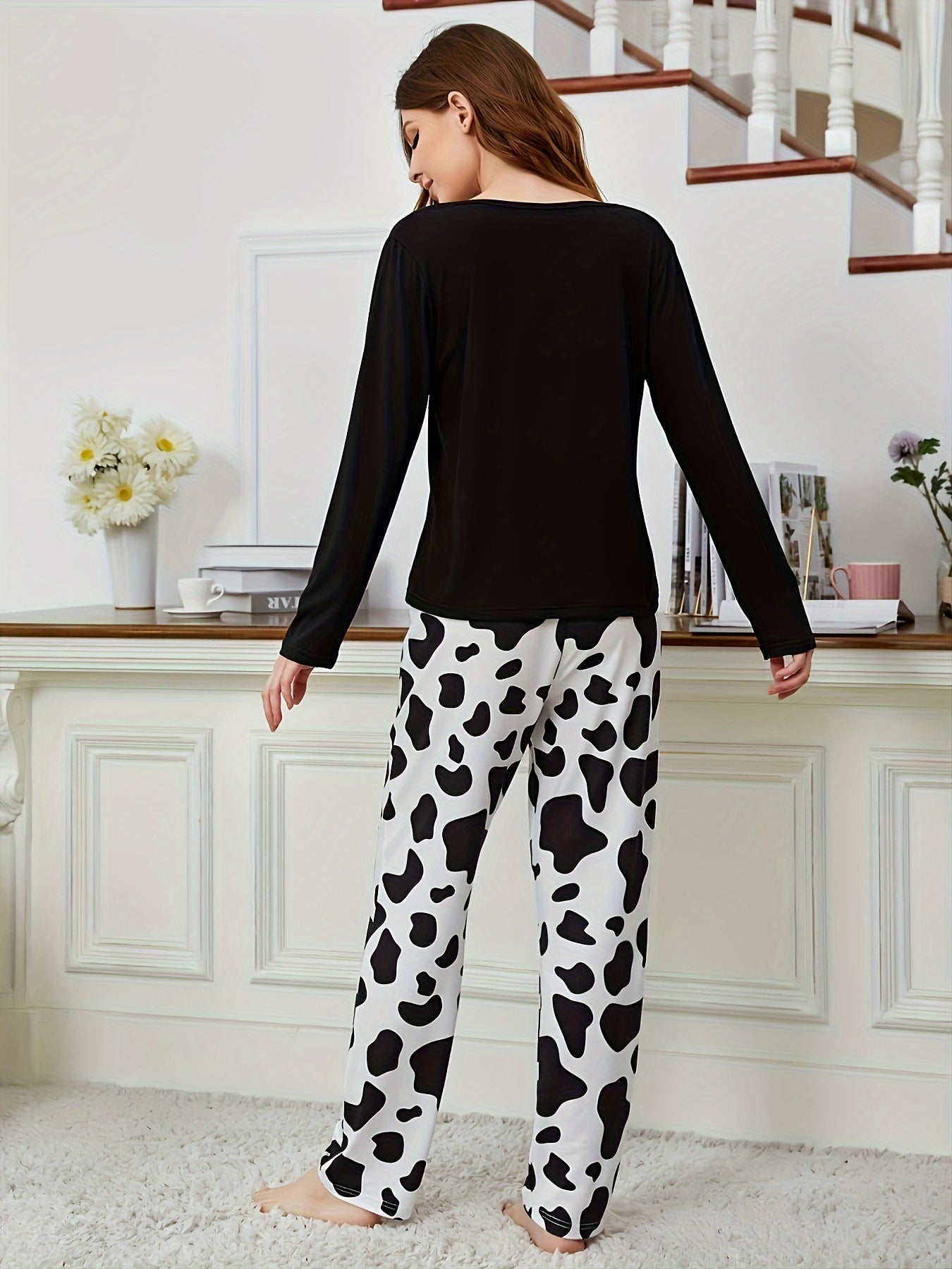 Cow Print Lounge Set Crew Neck Top & Lounge Pants Women's Loungewear